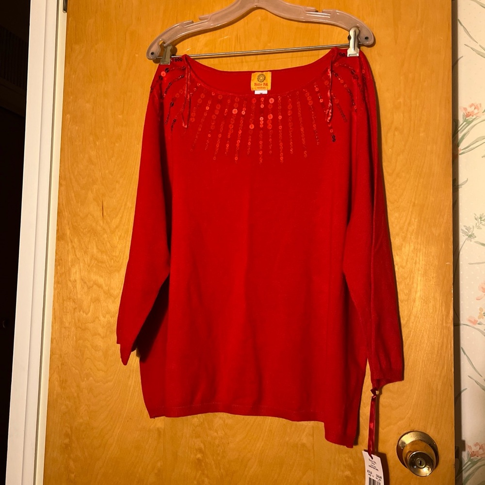 Ruby Rd Red Crew Neck Sweater with Textured Knit,3/4 SLEEVE